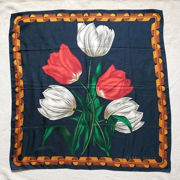 Perry Ellis Scarf 100% Silk Floral Tulip Bold Color Square 30x31" - Picture 1 of 6